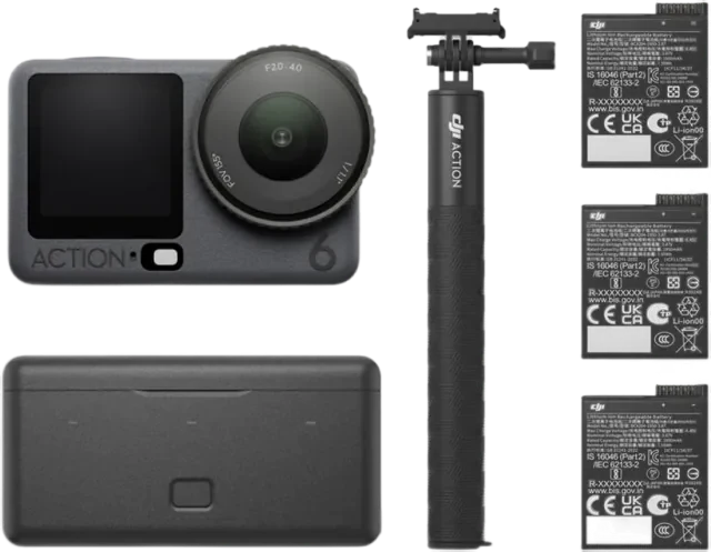 DJI Osmo Action 6 camera with batteries, charging case and extension stick
